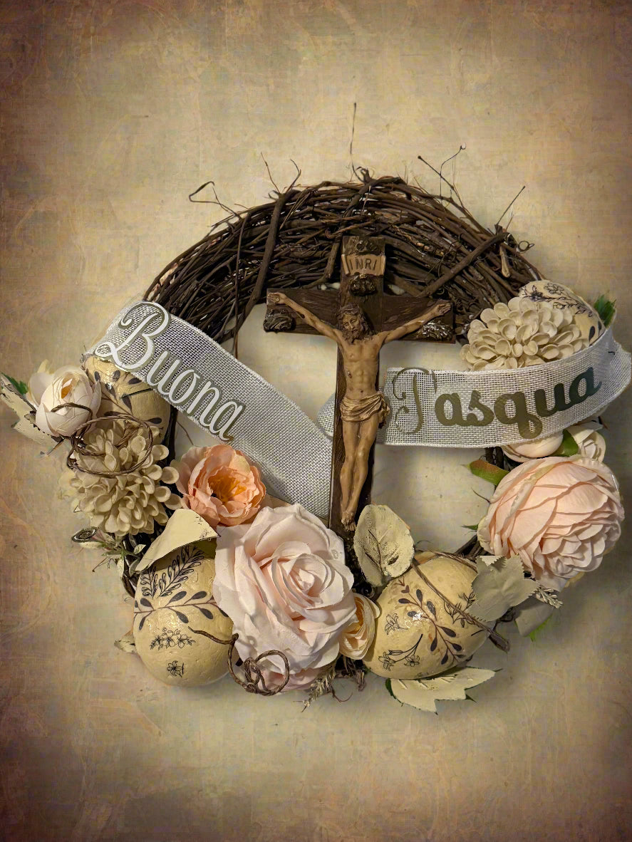 Catholic Easter wreath with roses and personalized name ribbon by Paisley Decor It