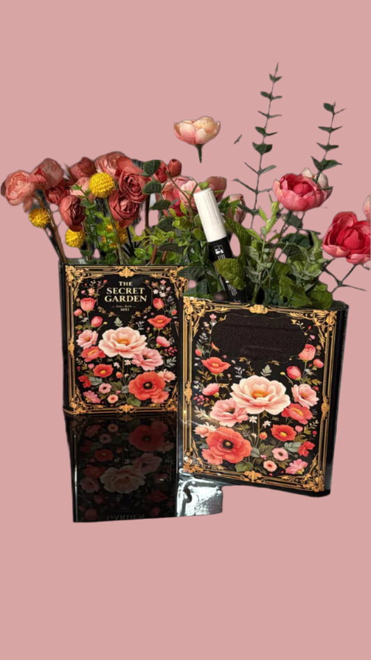 Secret Garden vintage-style book vase with gold frame detailing and floral design, featuring coral and blush roses, handmade luxury home decor
