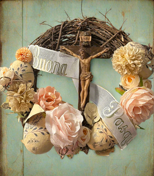 Handcrafted Catholic Easter Wreath with Crucifix - Elegant Blush Rose and Pearl Design with Personalized Name Ribbon DIY kit and Complete Version.
