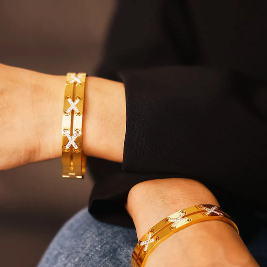 Gold cross bracelet with crystal accents - Handcrafted religious jewelry - Paisley Decor It