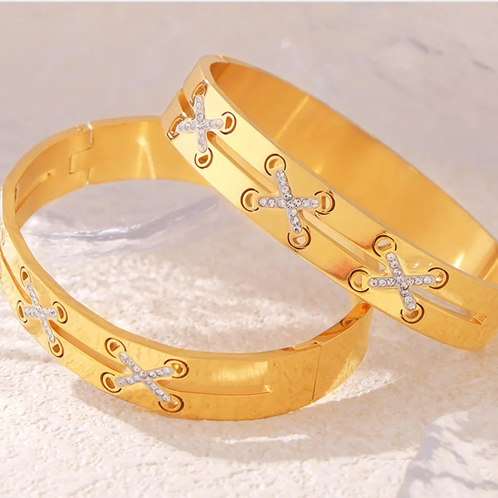 Gold cross bracelet with crystal accents - Handcrafted religious jewelry - Paisley Decor It