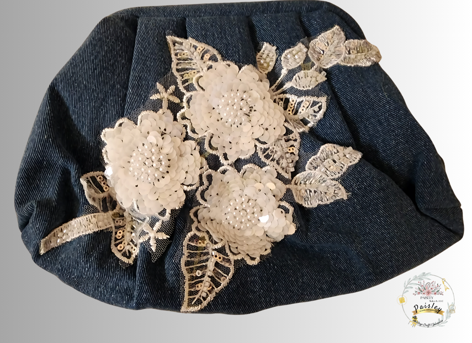 Handcrafted denim clutch bag with white sequined floral embroidery - unique bohemian luxury accessory by Paisley Decor It - personalized women's fashion