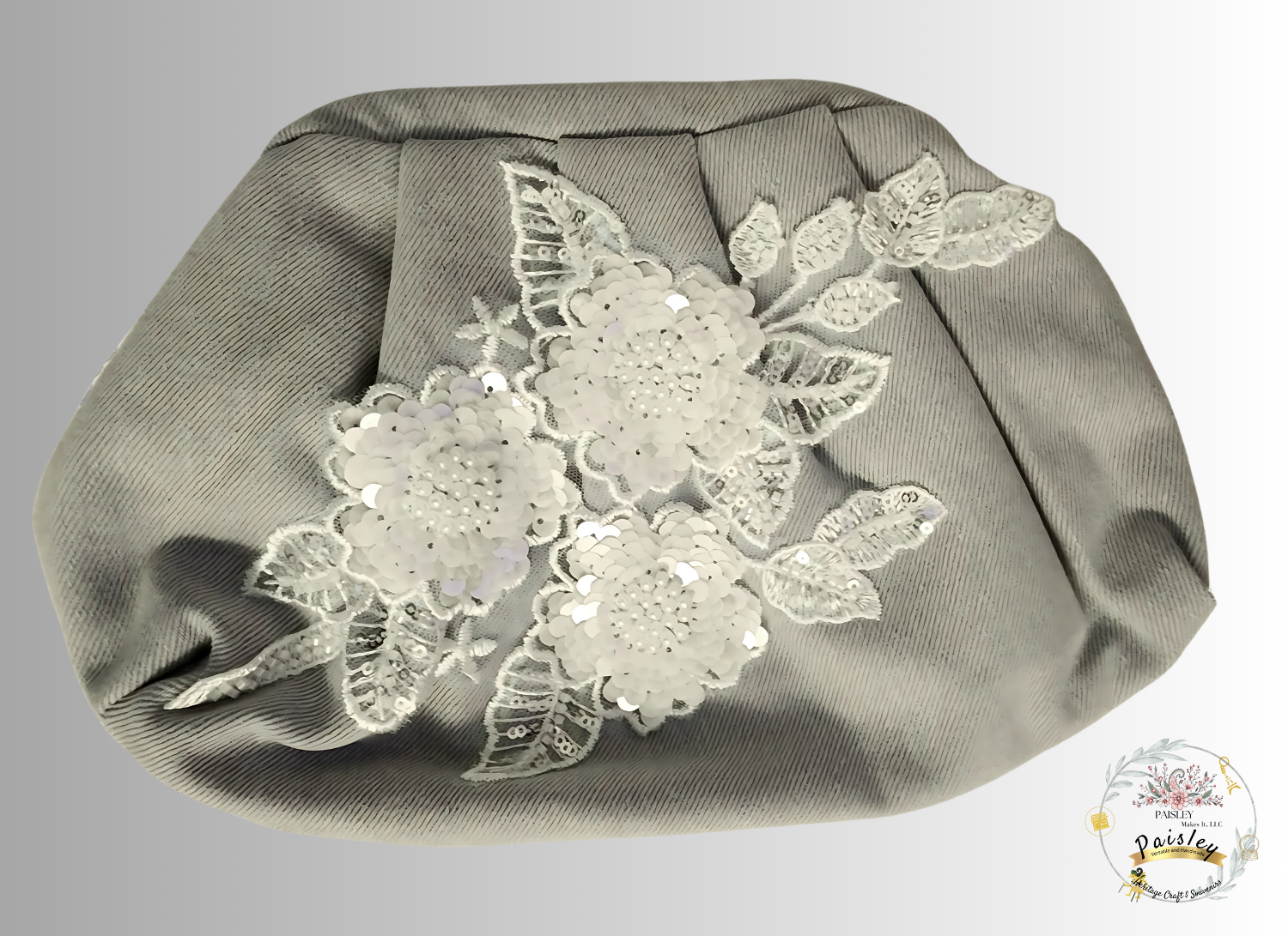 Handcrafted denim clutch bag with white sequined floral embroidery - unique bohemian luxury accessory by Paisley Decor It - personalized women's fashion
