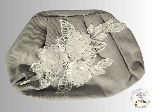 Handcrafted denim clutch bag with white sequined floral embroidery - unique bohemian luxury accessory by Paisley Decor It - personalized women's fashion
