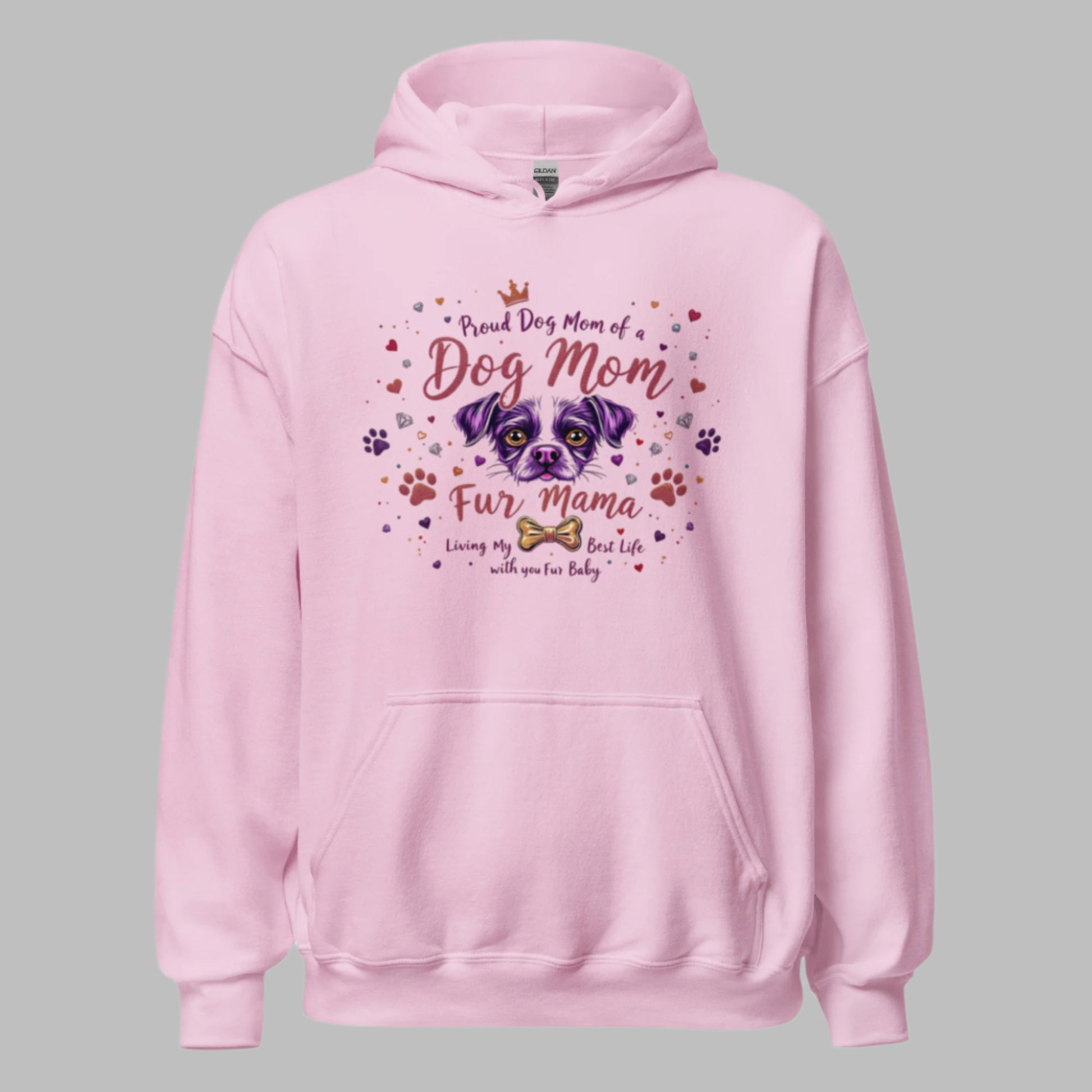 Dog Mom hoodie in light pink, front view displaying full design