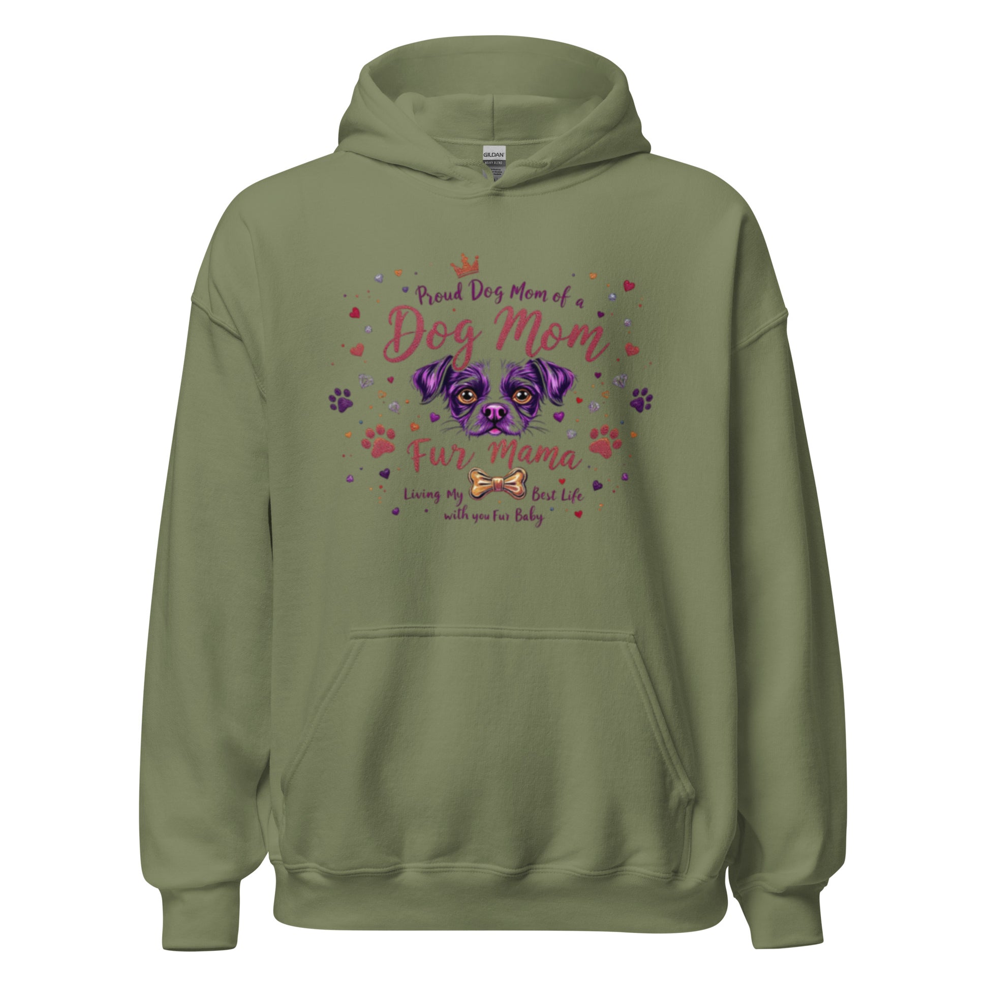 Dog Mom hoodie in military green or sage green front view displaying full design