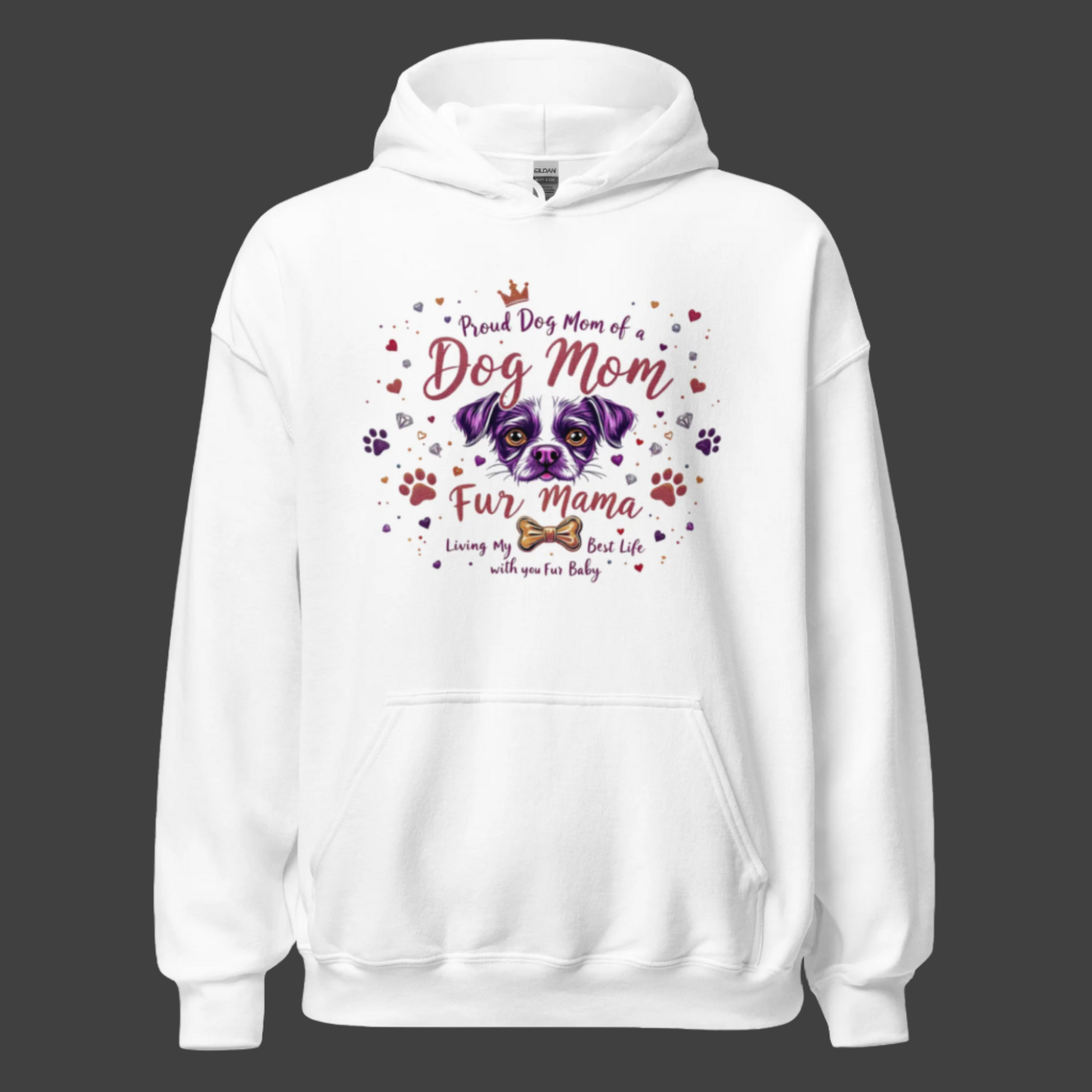 Dog Mom hoodie in classic white, front view displaying full design