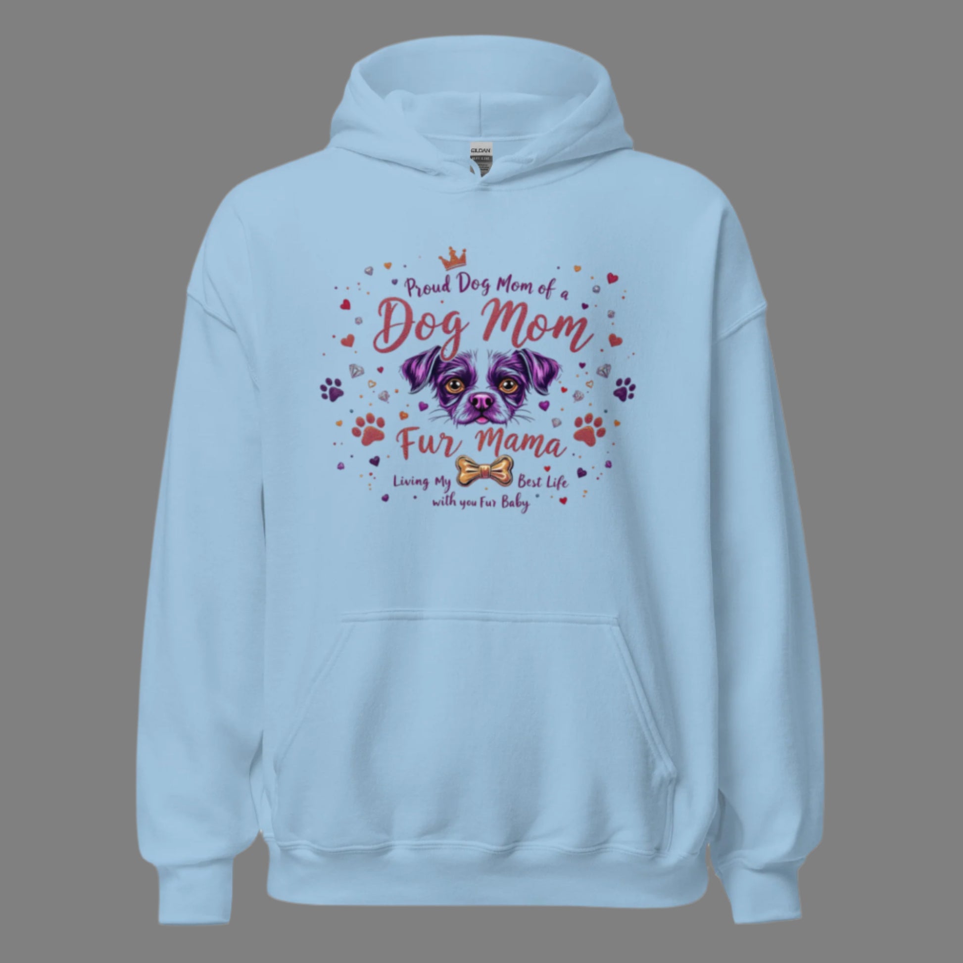 Dog Mom hoodie in light blue, front view displaying full design
