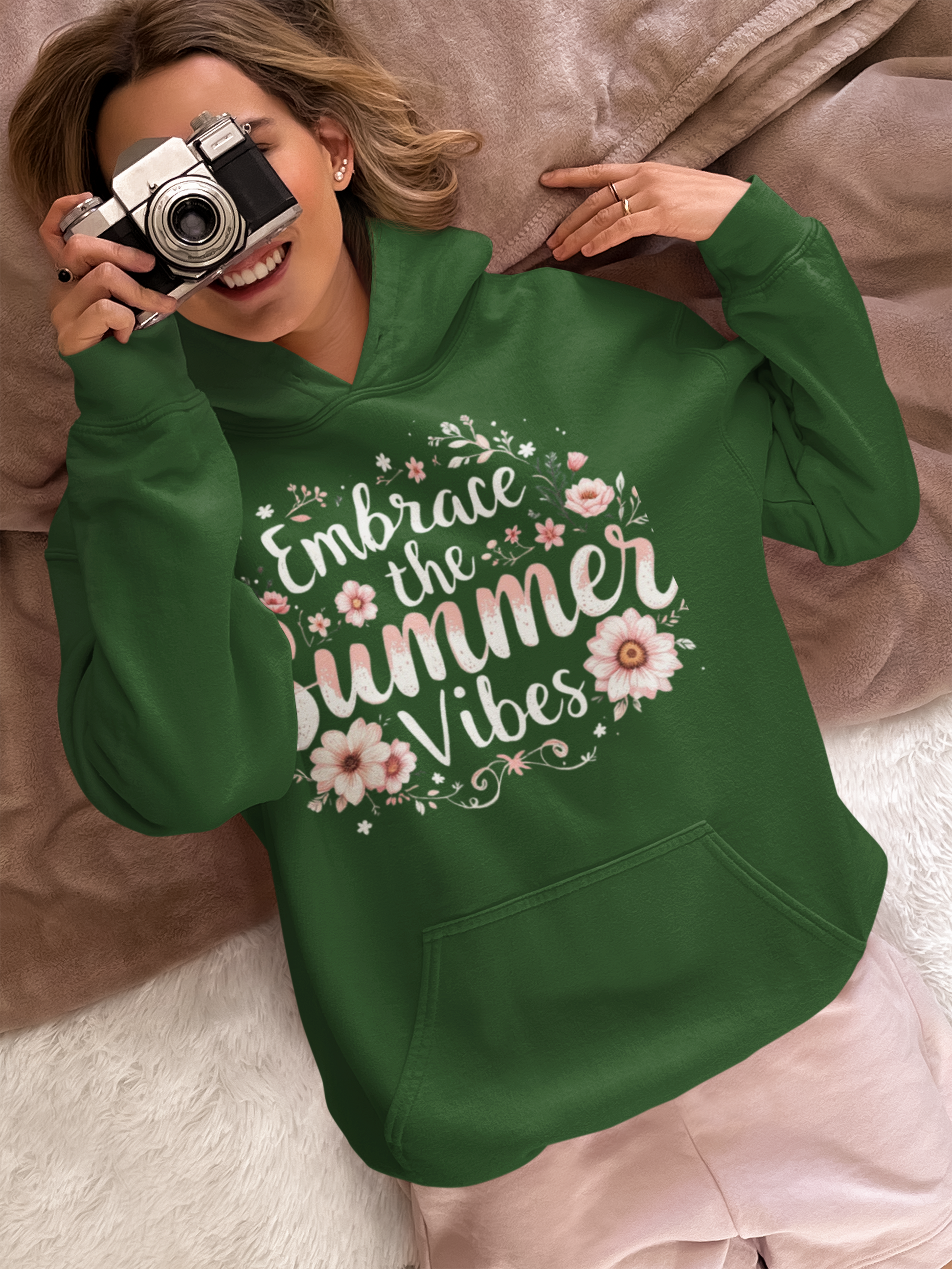 Emarald Green hoodie bundle with 'Embrace the Summer Vibes' floral design by Paisley Decor It, featuring front and back views and matching CD case, handmade luxury collection