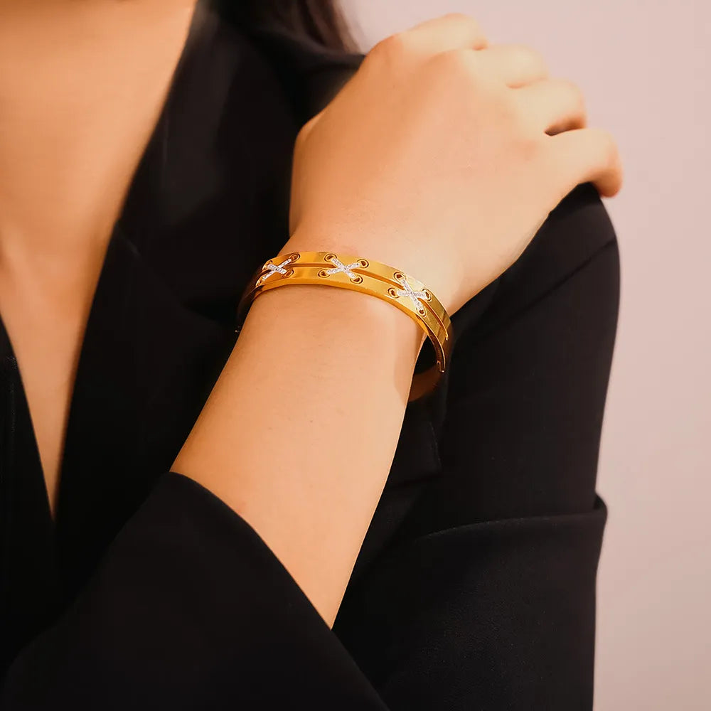 Gold cross bracelet with crystal accents - Handcrafted religious jewelry - Paisley Decor It