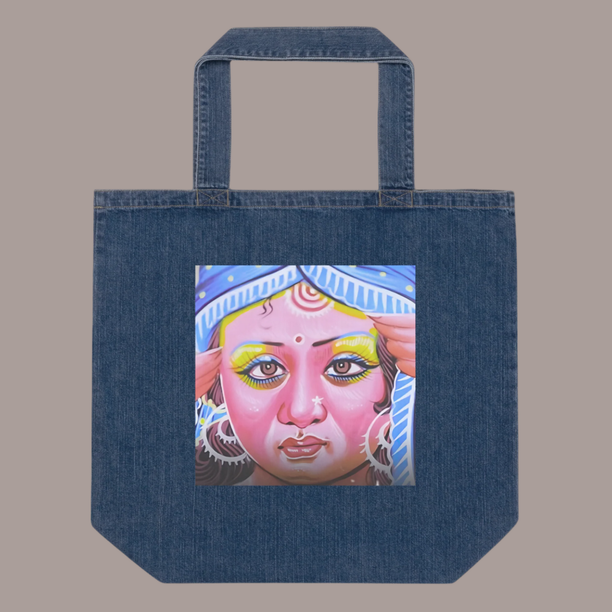 Bohemian luxury tote bag styled with Indian-inspired rickshaw art in vibrant colors