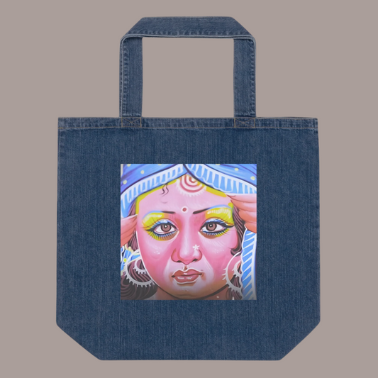 Bohemian luxury tote bag styled with Indian-inspired rickshaw art in vibrant colors