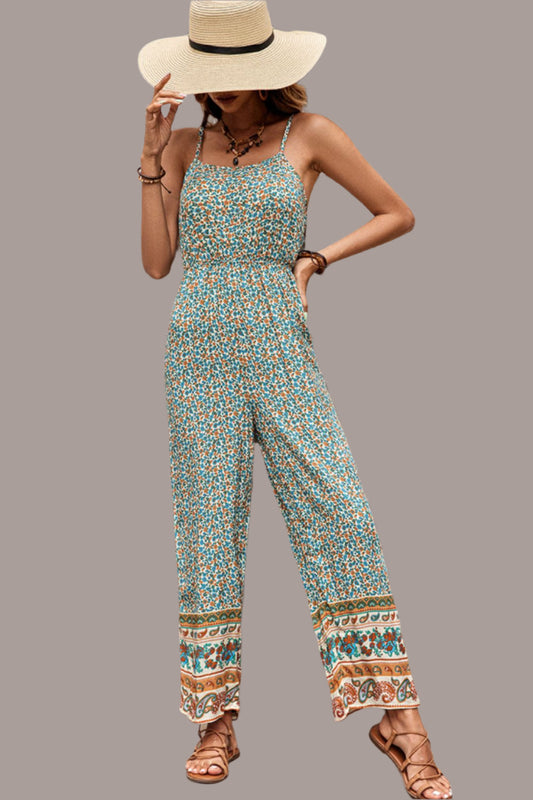 Perfee bohemian spaghetti strap low back jumpsuit in paisley floral print - front view