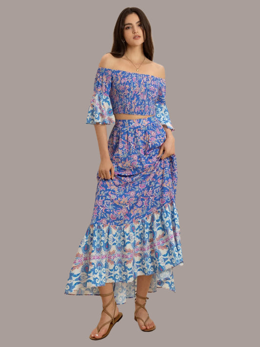 Smocked off-shoulder printed top and skirt set front view