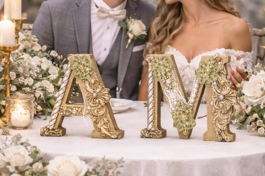 Decorative gold letters 'A' and 'M' on a table with a wedding couple in the background.