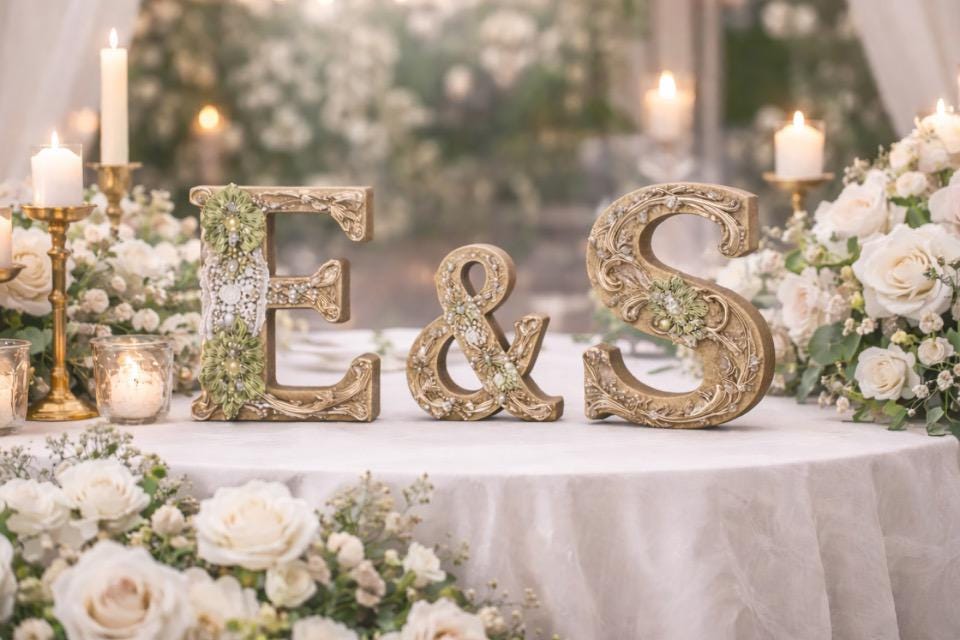 Wooden handmade Decorative letters 'E' and 'S' on a table with floral arrangements and candles.