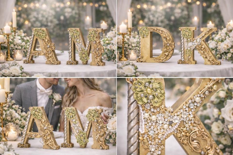 Wooden Decorative gold letters 'A', 'M', 'D', 'K' on a table with floral and candle decorations.