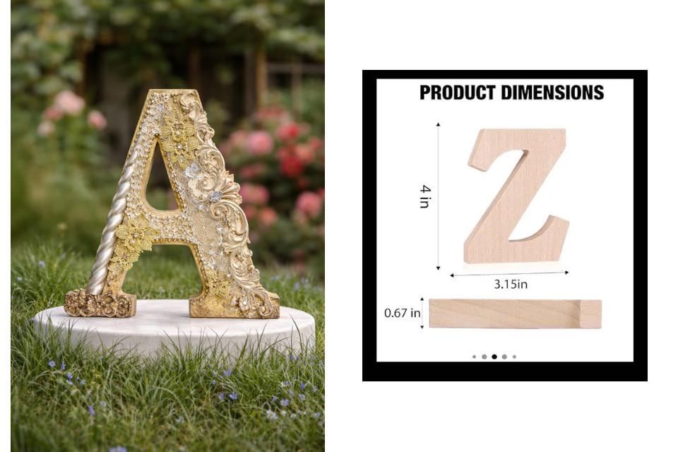 Decorative letter 'A' on a grassy background with product dimensions displayed.