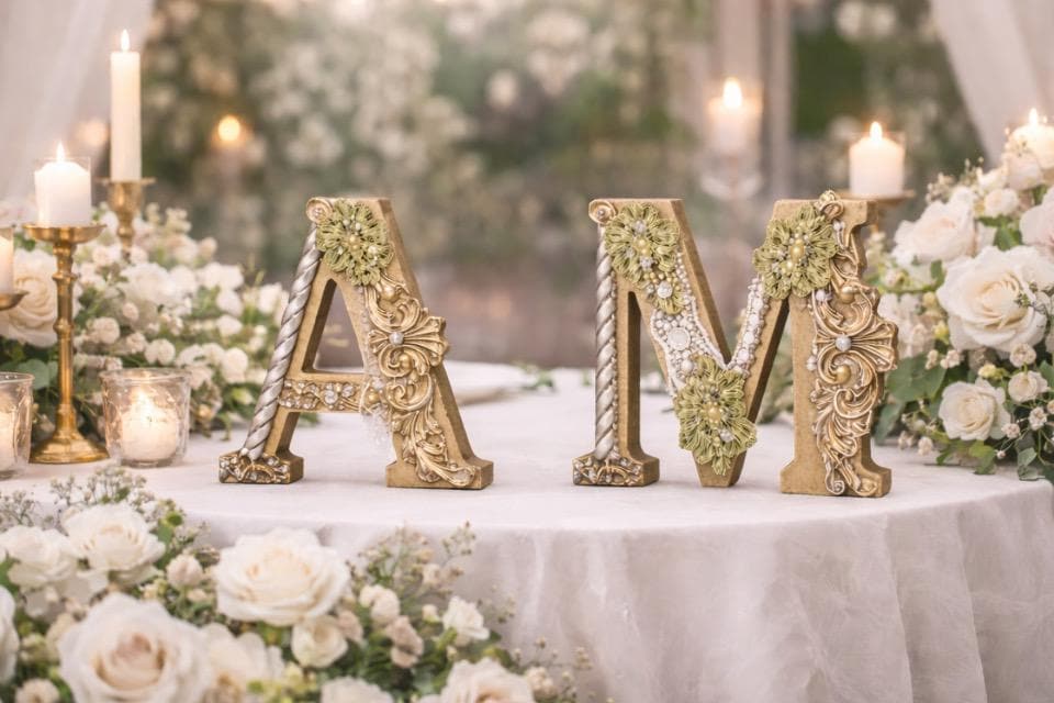 Decorative wooden letters 'A', 'M', and 'V' on a table with floral arrangements and candles.