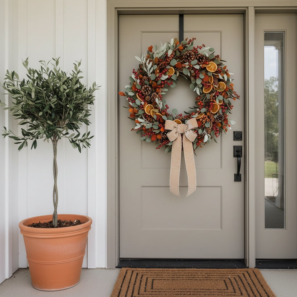 Front door fall harvest wreath with eucalyptus, berries, pinecones, dried orange slices, and neutral velvet bow