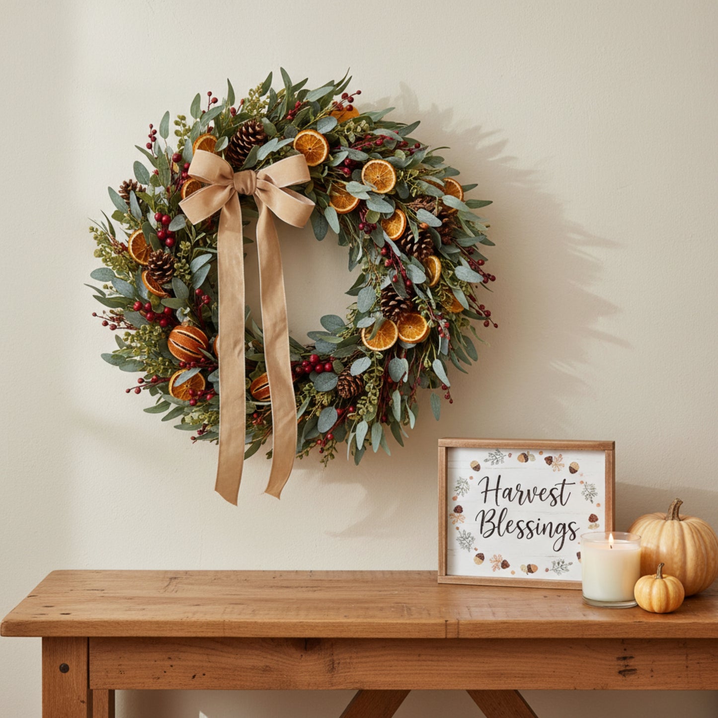 Decorative wreath with fruits and a bow on a wall above a wooden table with a 'Harvest Blessings' sign.