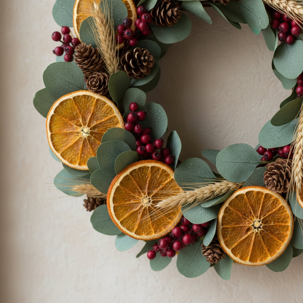 Close-up detail of dried orange slices, eucalyptus leaves, berries, and pinecones on the wreath