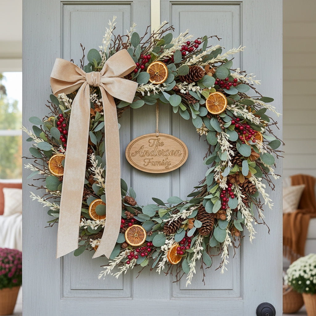 Personalized fall harvest wreath with eucalyptus, berries, pinecones, dried orange slices, and velvet bow on a front door