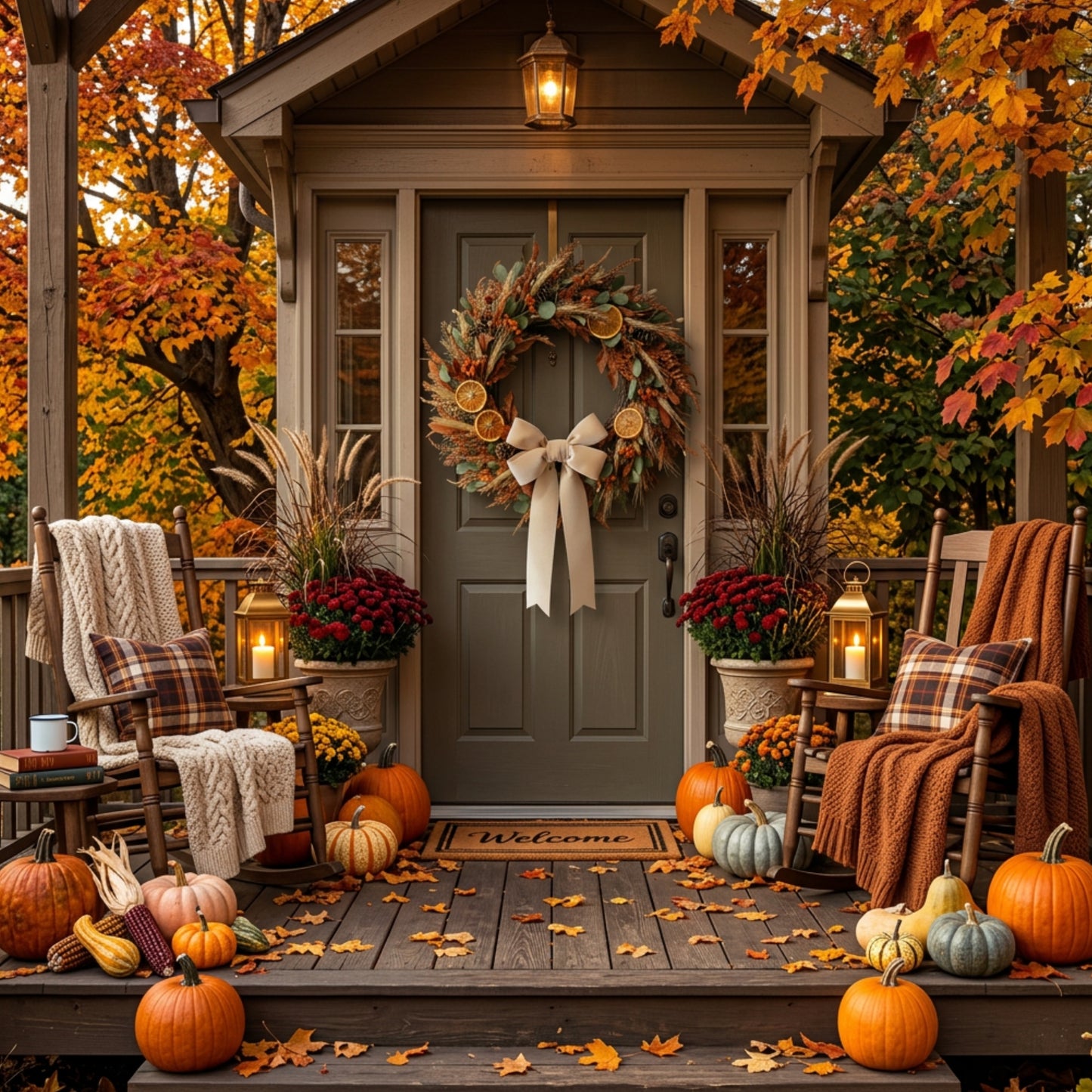 Autumn-themed front porch with pumpkins, wreath, and decorations.