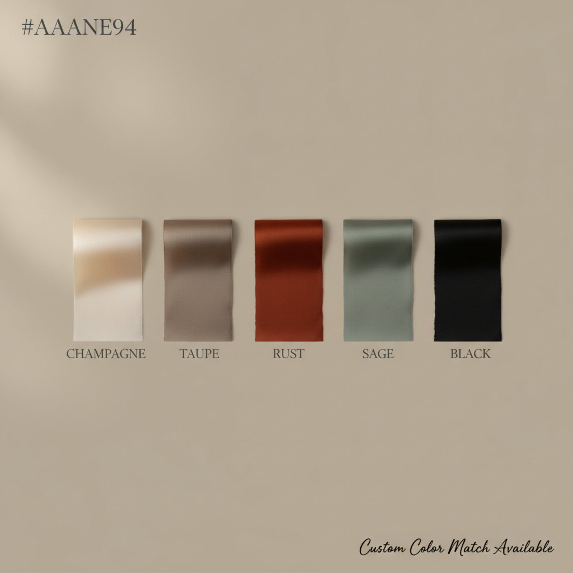 Five color swatches labeled Champagne, Taupe, Rust, Sage, and Black on a beige background.