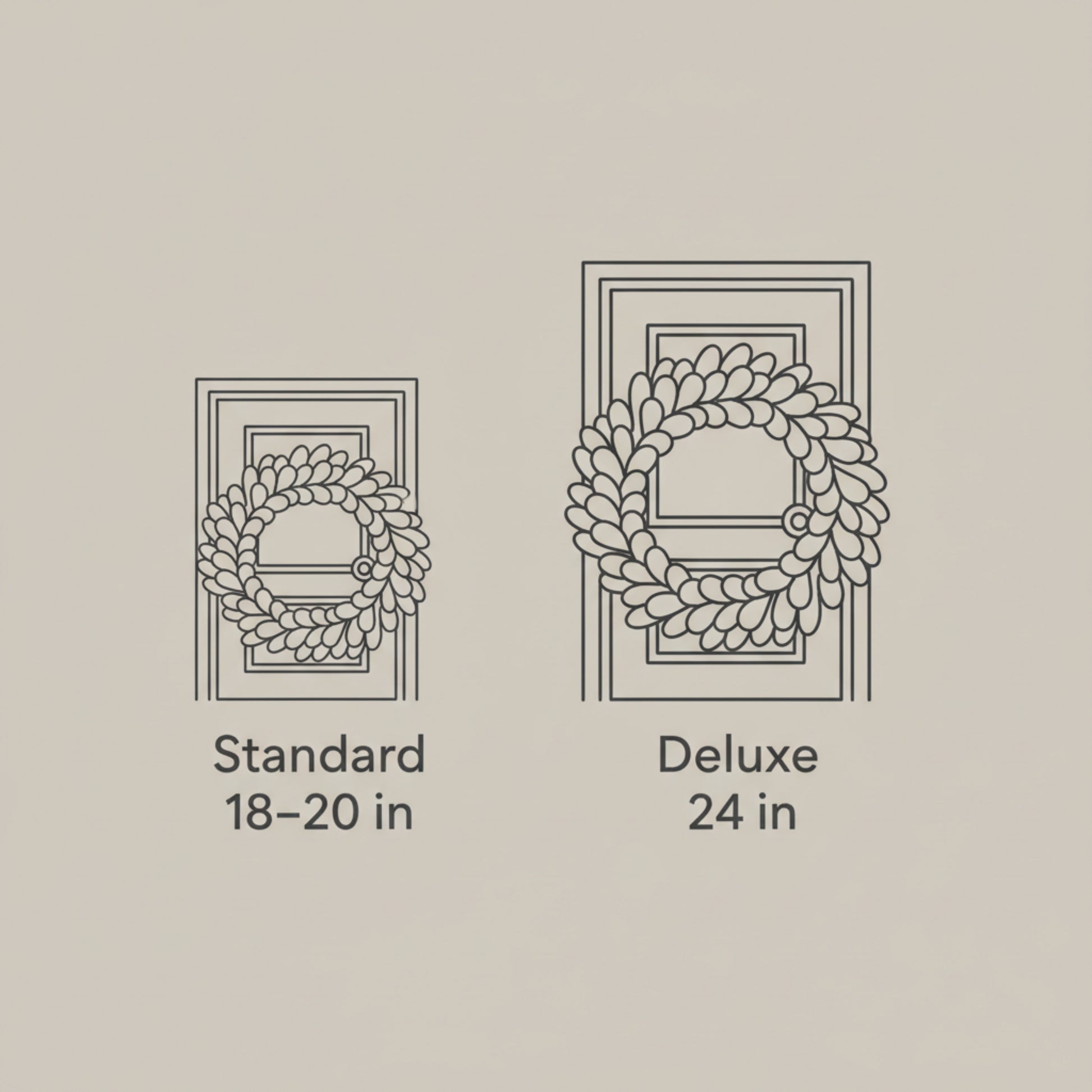 Comparison of standard and deluxe wreath sizes with dimensions on a beige background