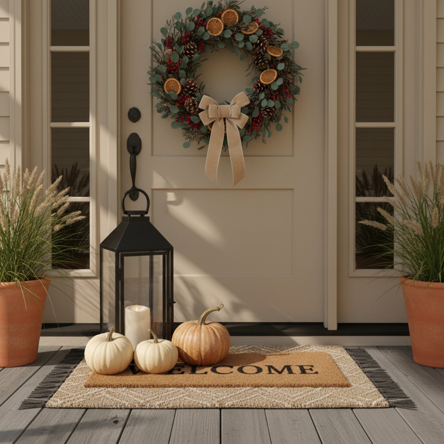 Front door with wreath, pumpkins, and lantern on a welcome mat