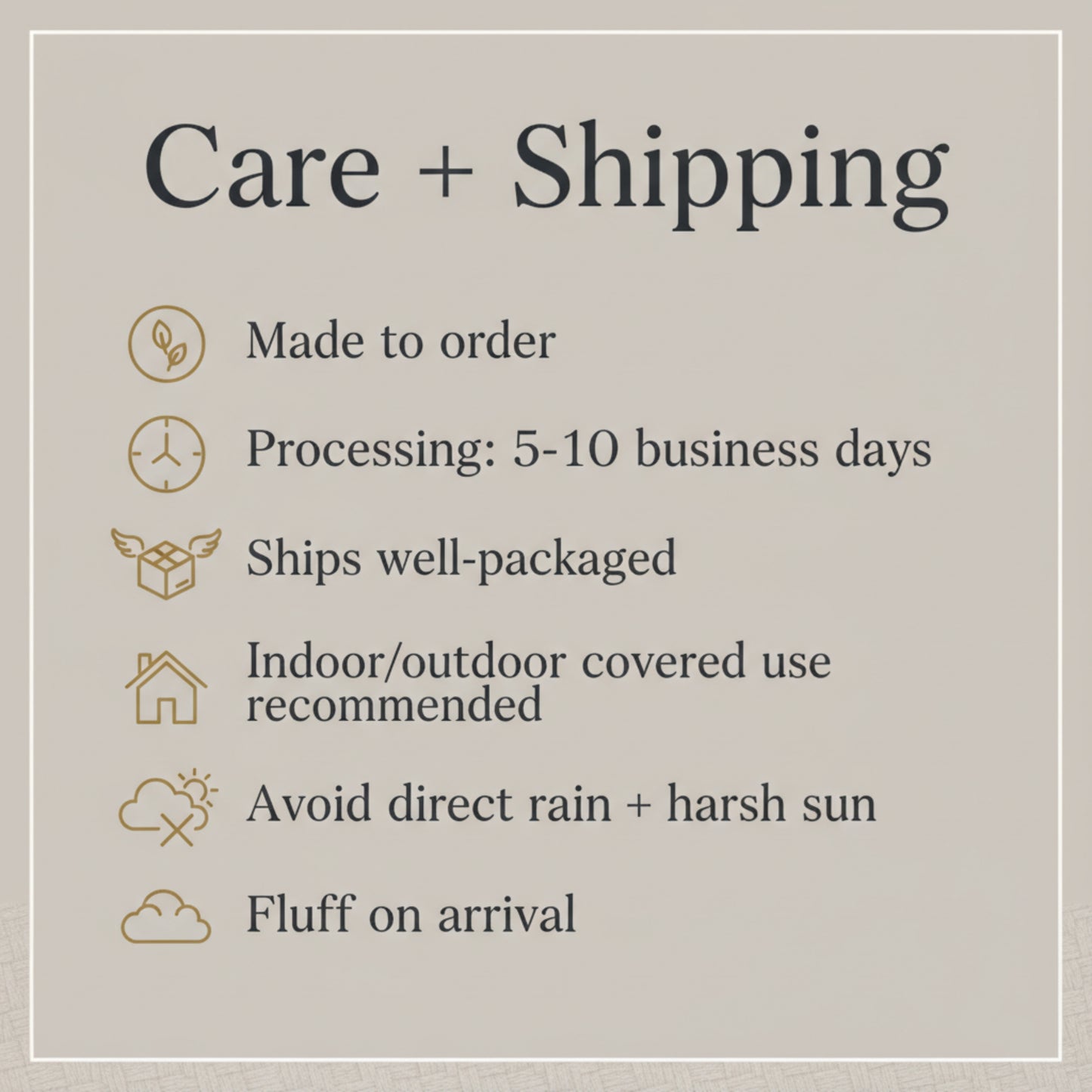 Care and shipping information card with icons and text on a beige background