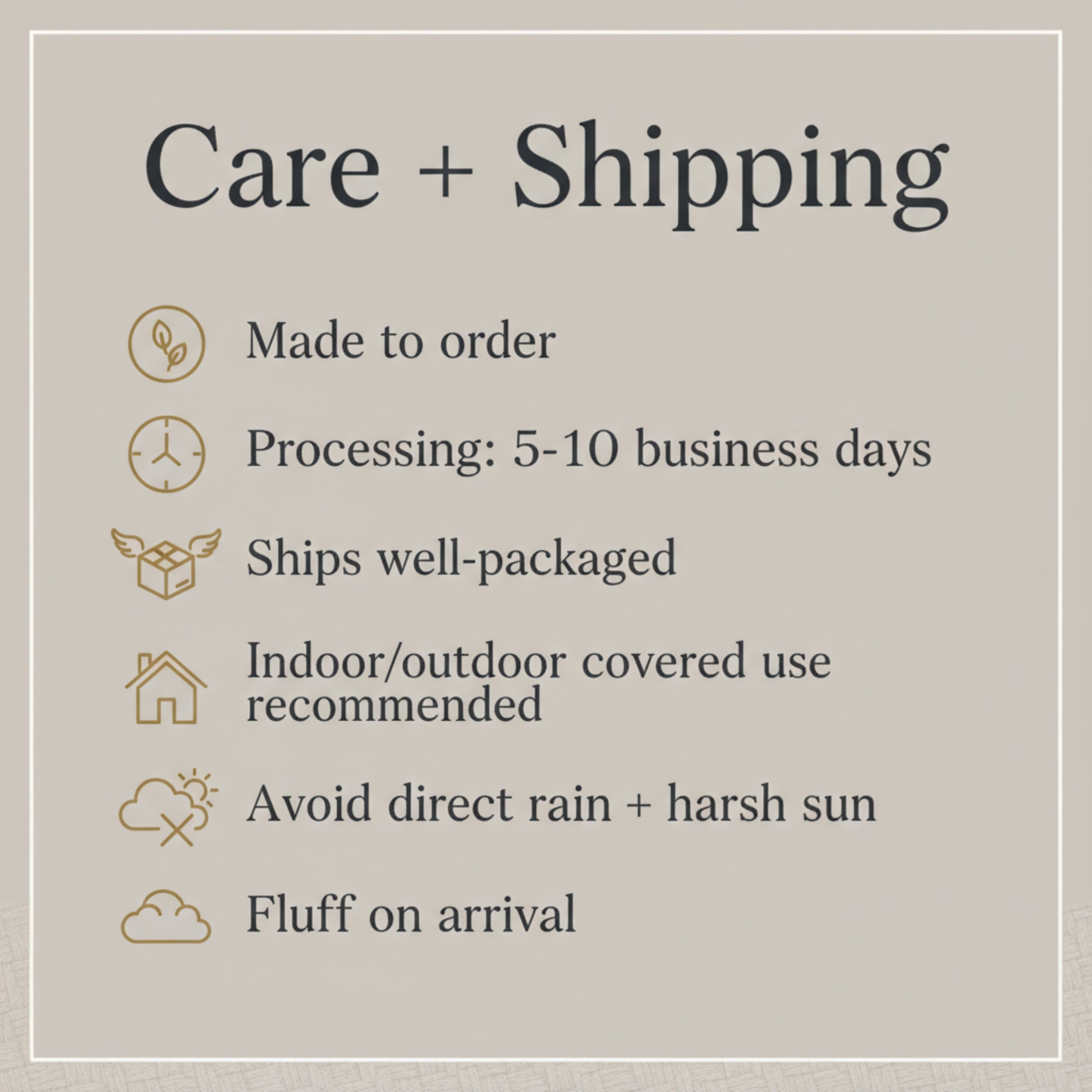 Care and shipping information card with icons and text on a beige background