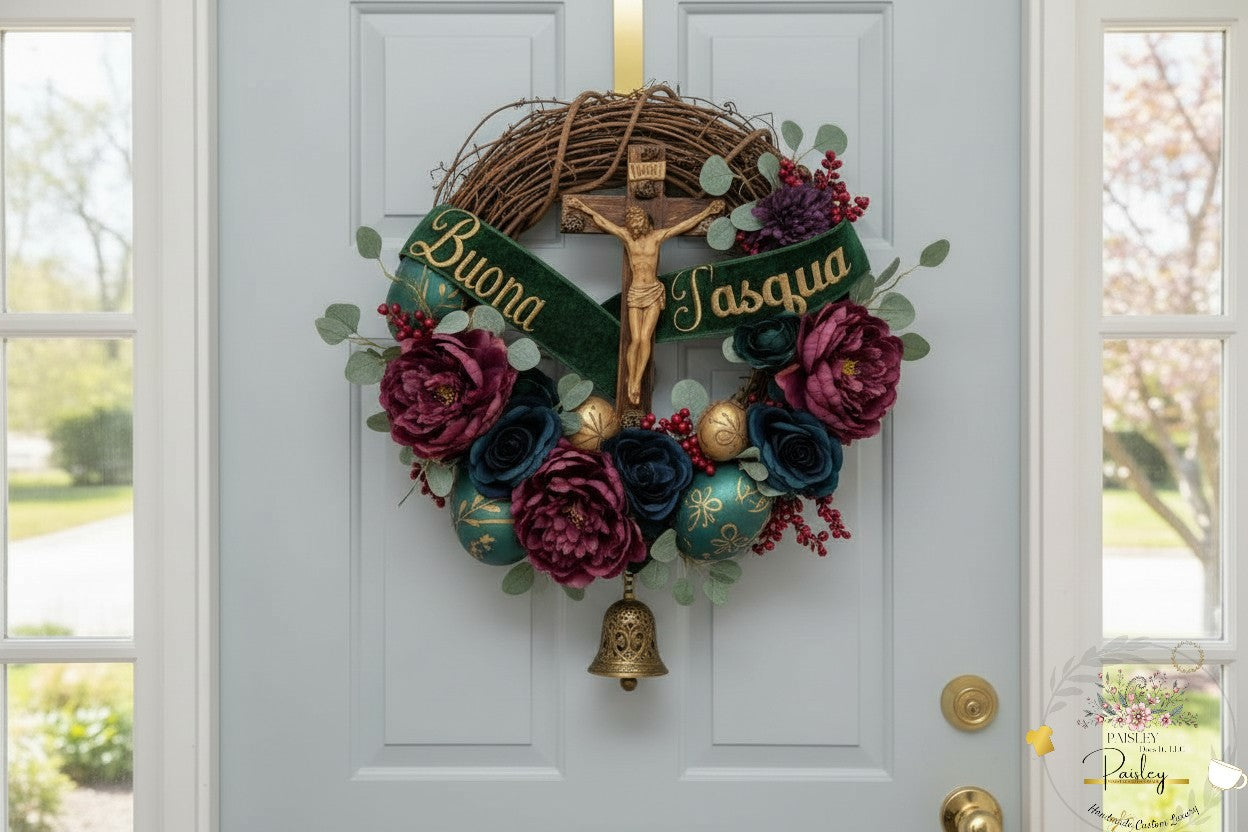 Handcrafted Catholic Easter Wreath with Crucifix - Elegant Blush Rose and Pearl Design with Personalized Name Ribbon DIY kit and Complete Version.