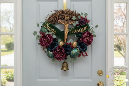 Handcrafted Catholic Easter Wreath with Crucifix - Elegant Blush Rose and Pearl Design with Personalized Name Ribbon DIY kit and Complete Version.