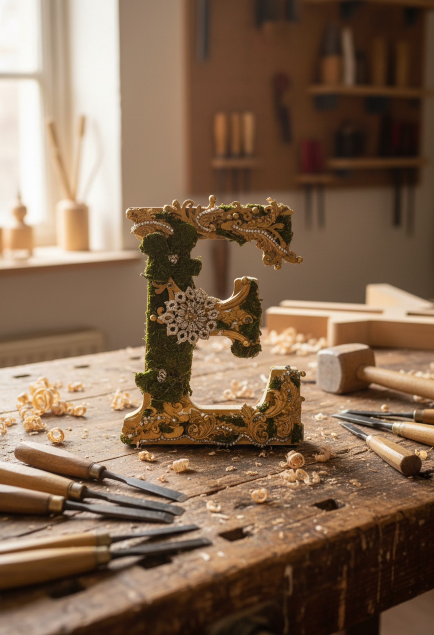 Decorative letter 'E' with gold frame and moss on a workbench with tools.