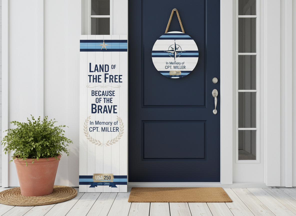 USA 250 Memorial round door hanger with 'Land of the Free, Because of the Brave' and personalized 'In Memory of' name