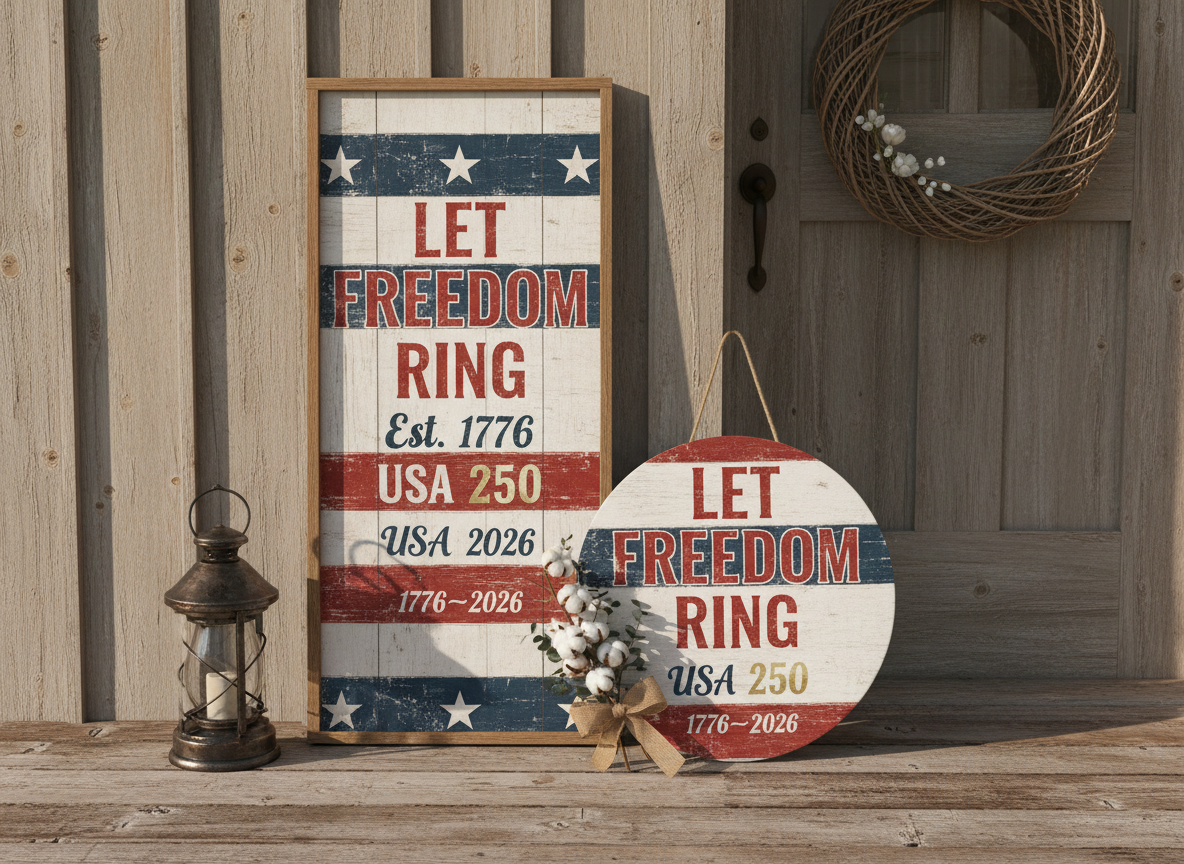 Decorative signs with 'Let Freedom Ring' text on a wooden surface.