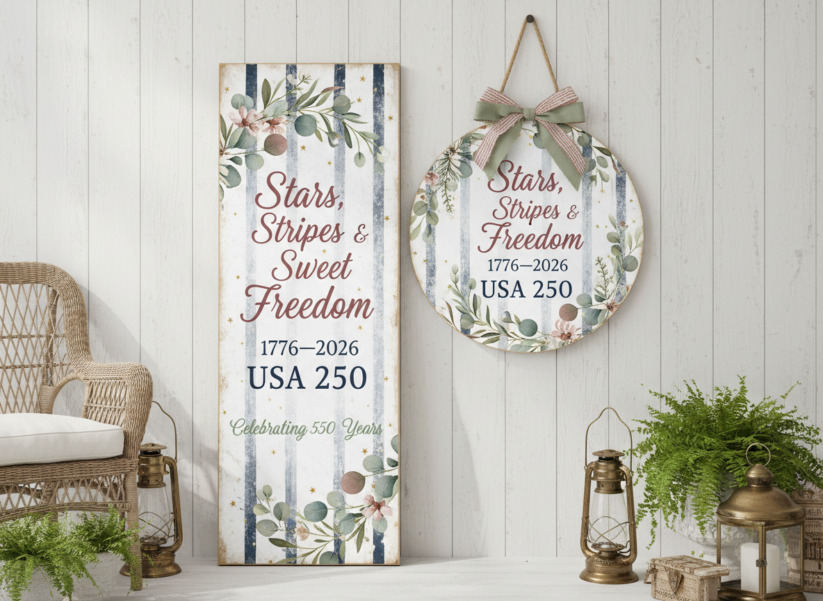 Decorative signs with text and floral designs on a wooden wall with a chair and plants.
