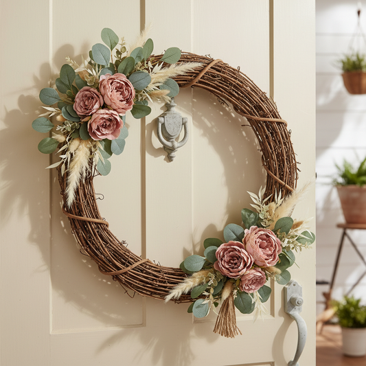 Decorative wreath with flowers and greenery on a door