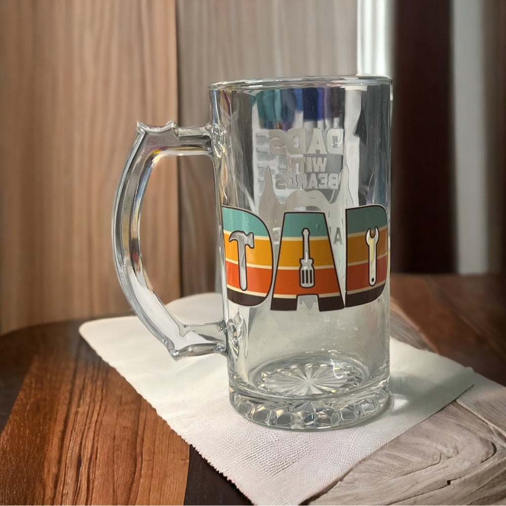 Bearded Dad Beer Mug - 24oz Glass Stein | Retro Tool Design
