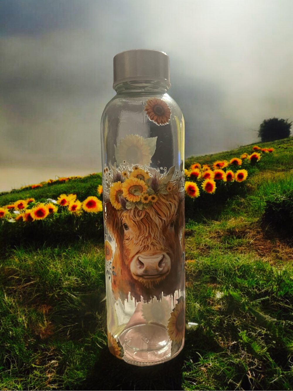 Highland Cow Sunflower Glass Water Bottle - 20oz Eco-Friendly Bottle with Artistic Farm Design"