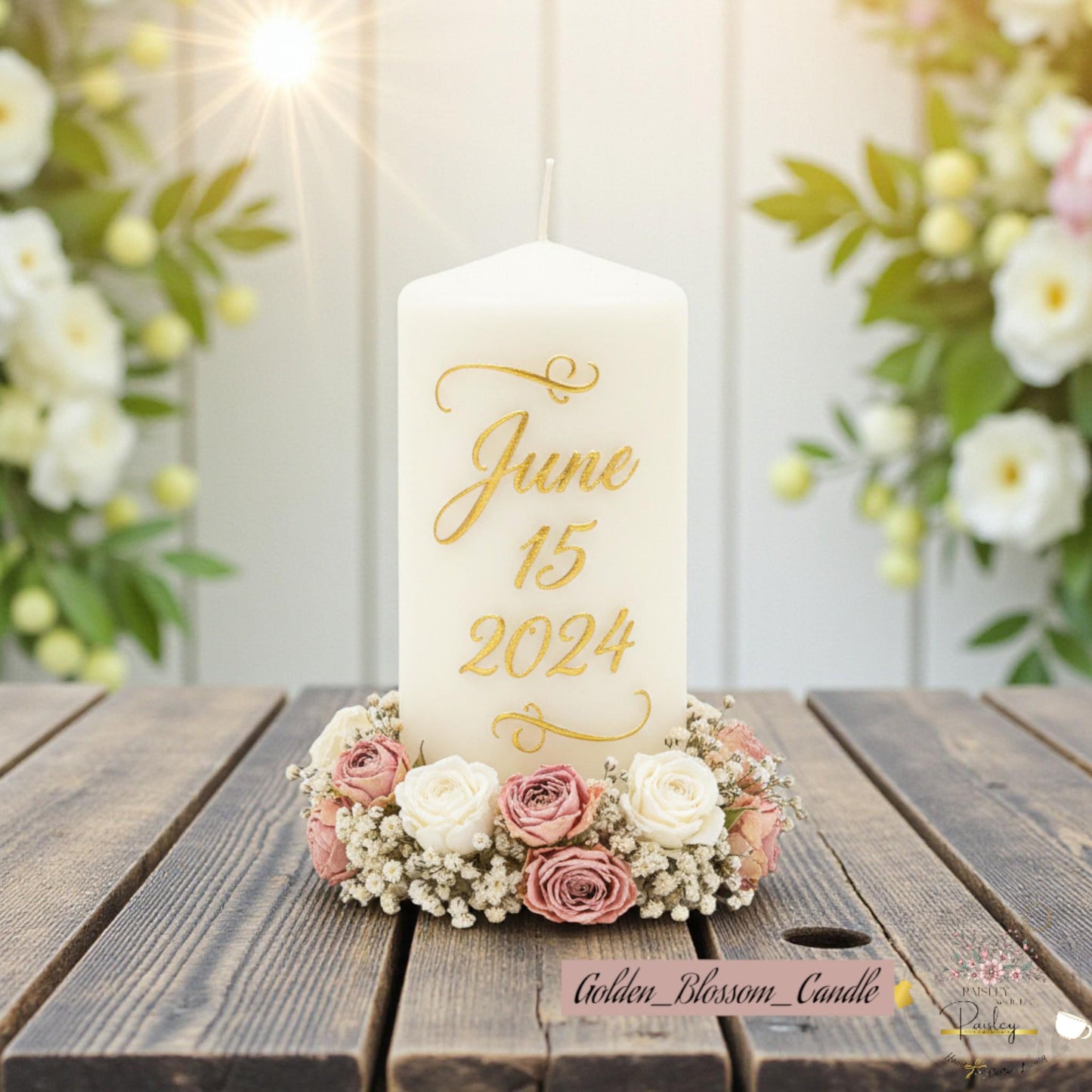 Personalized Wedding Keepsake Candle with Dried Flowers & Lace