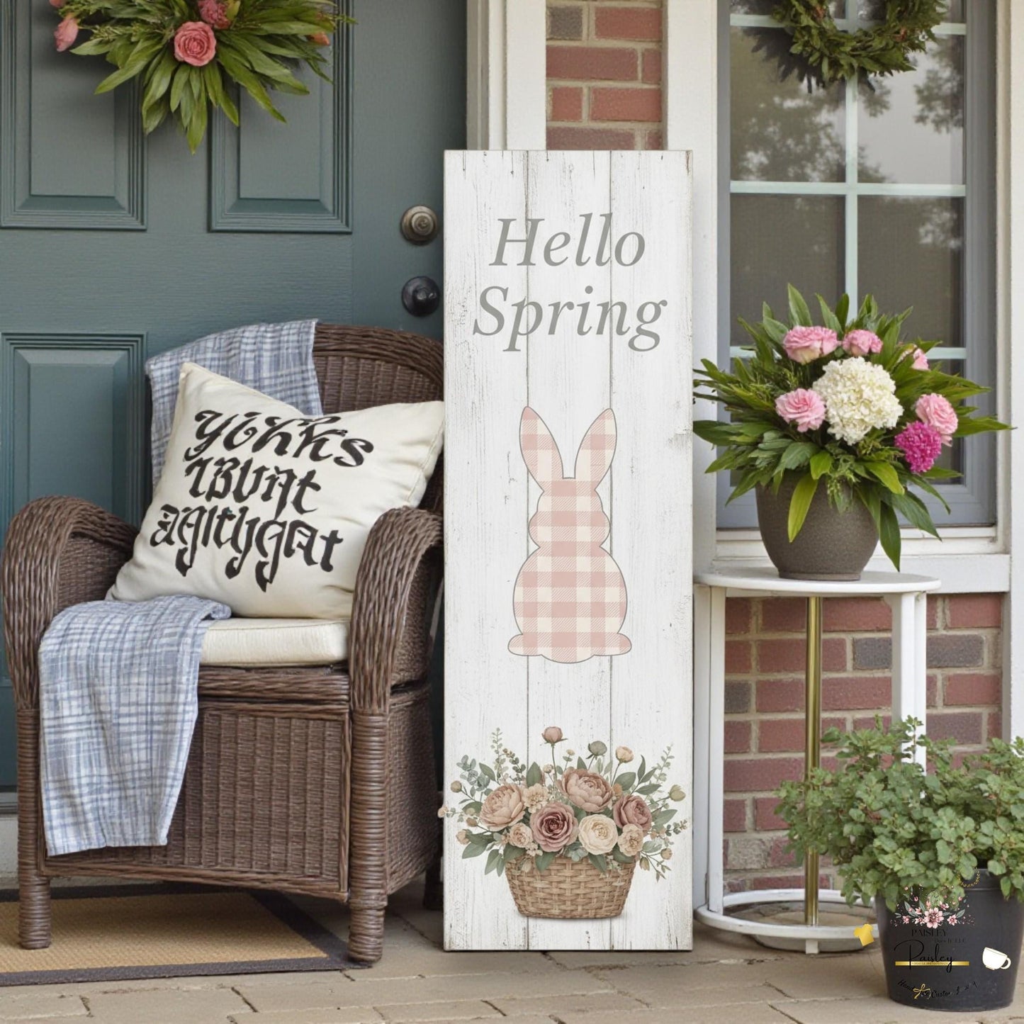 Farmhouse Easter Proch Sign – Large Vertical Wood Bunny Welcome Spring Decor + Outdoor Porch Leaner