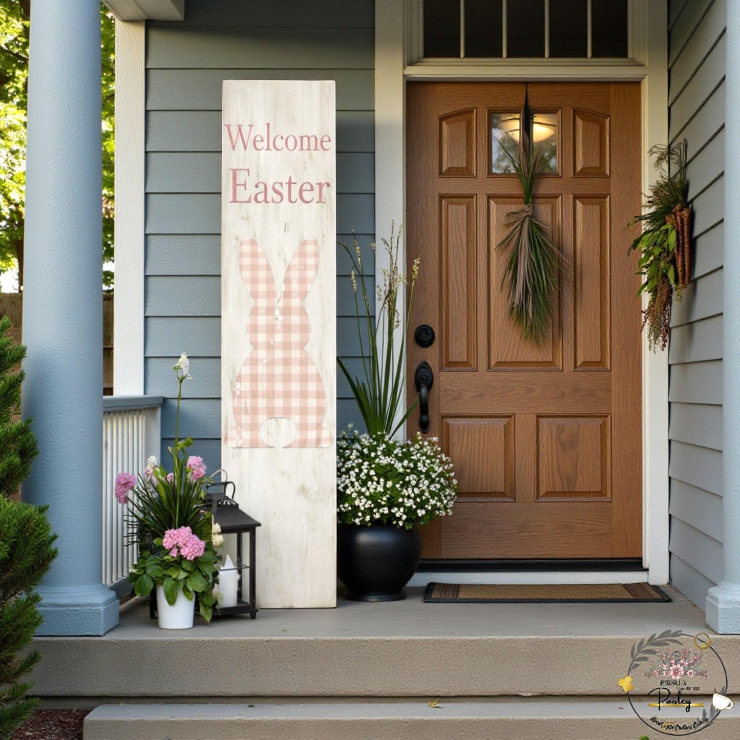 Farmhouse Easter Proch Sign – Large Vertical Wood Bunny Welcome Spring Decor + Outdoor Porch Leaner