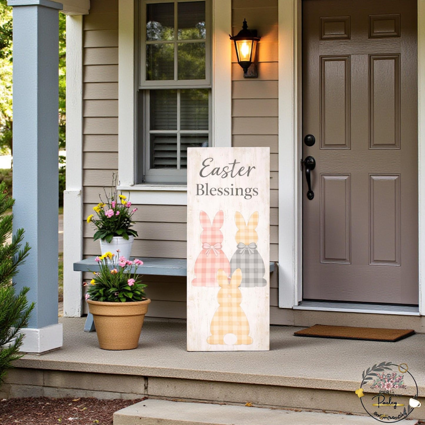 Farmhouse Easter Proch Sign – Large Vertical Wood Bunny Welcome Spring Decor + Outdoor Porch Leaner