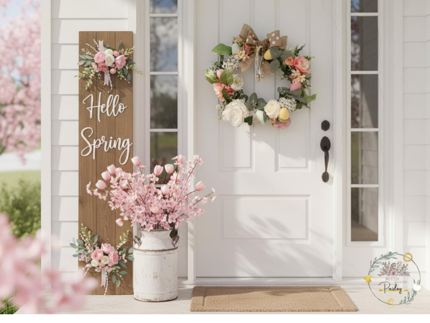 Spring wreath for Entry way and Farmhouse Style Pink & White Handmade Arrangement