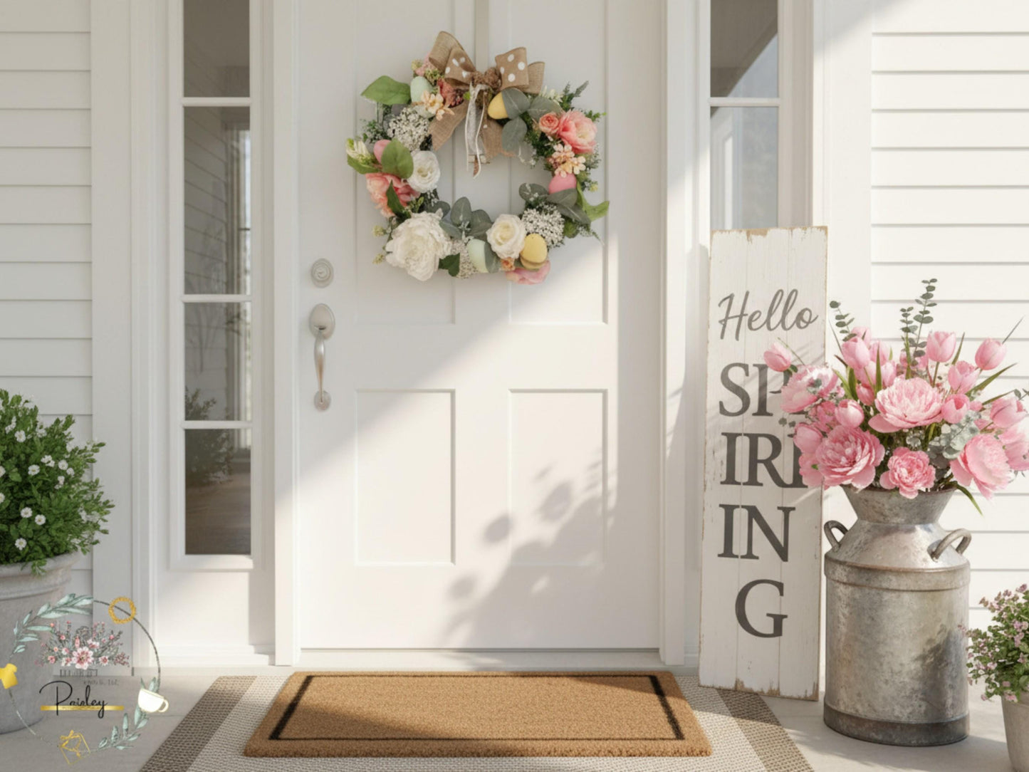 Spring wreath for Entry way and Farmhouse Style Pink & White Handmade Arrangement