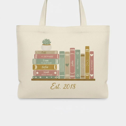 Personalized Book Lover Tote Bag, Mother's Day Gift, Beige Canvas Bag