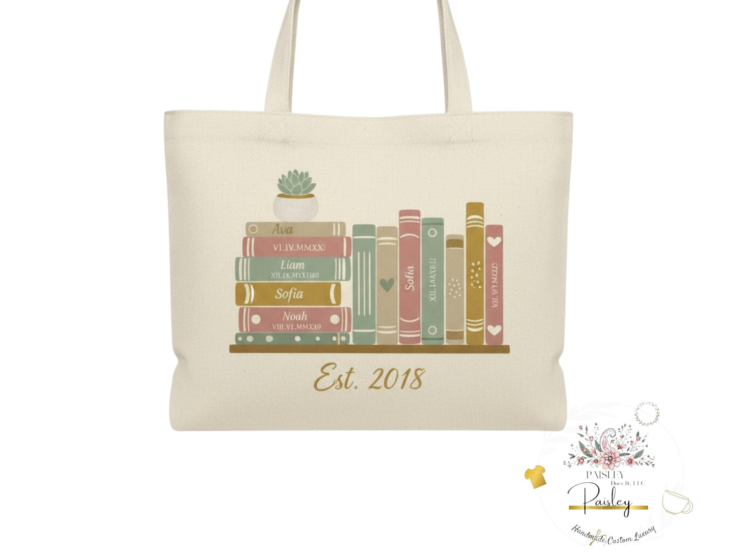 Personalized Book Lover Tote Bag, Mother's Day Gift, Beige Canvas Bag